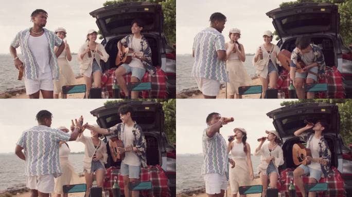 一群朋友在海边露营时聊天、唱歌、跳舞，在海滩上享受假期旅行
