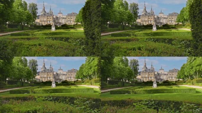 西班牙La Granja de San Ildefonso皇宫。万向杆拍摄的草坪，雕像和La Gra