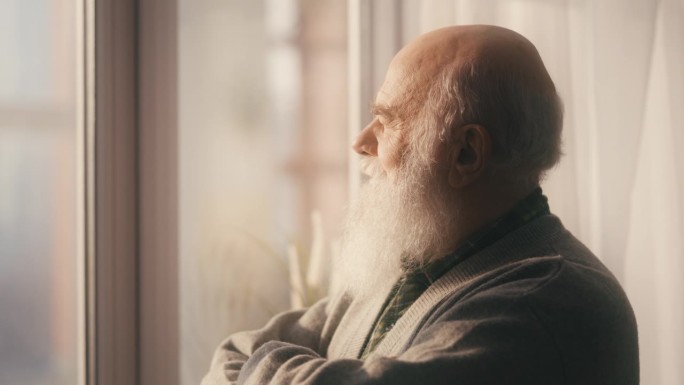 深思熟虑的大胡子老人望着窗外，老年人的生活方式，回忆