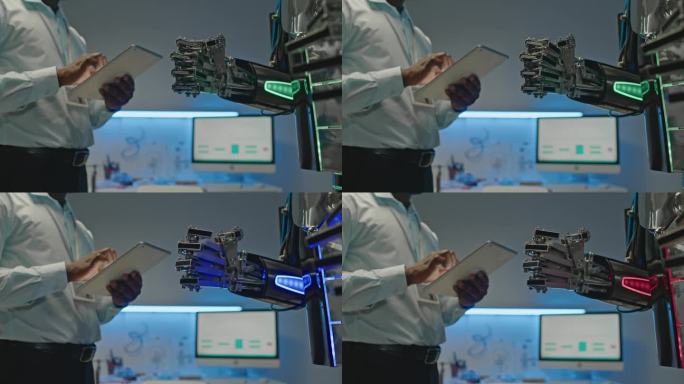 工程师握紧和松开人形机器人的手