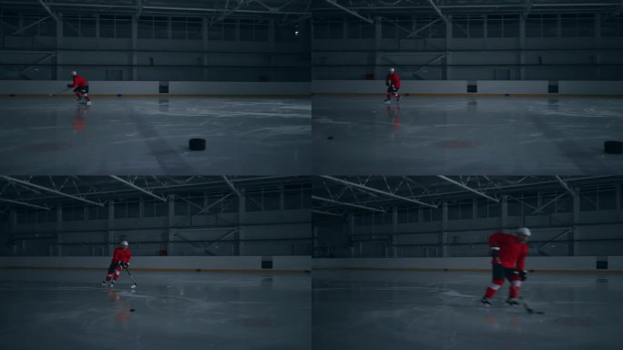 一段快节奏的视频，一名曲棍球运动员在黑暗的冰场上训练，避开障碍物，向守门员进球