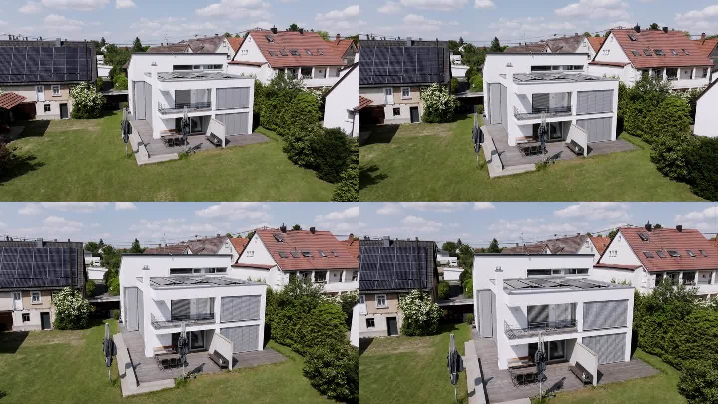 现代绿色家庭太阳能电池板光伏无人机4K视频飞行