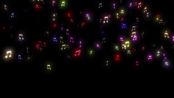 彩色发光的音乐图标落在黑色背景上。音乐偶像在空中飞翔。音乐背景动画。音符飞过黑色的天空，