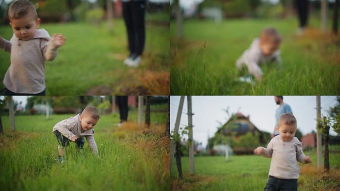 调皮的小男孩在户外草地上散步，父亲在背后