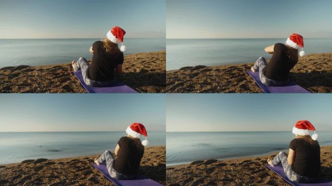 清晨日出时，一位戴着红色圣诞帽的年轻女子向水里扔石头。