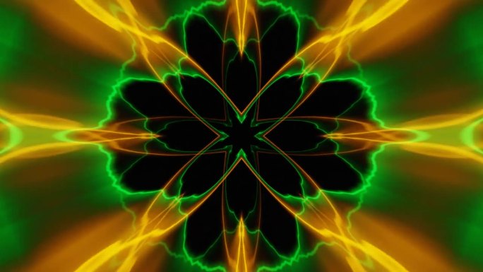抽象橙色和绿色万花筒花朵光线动画