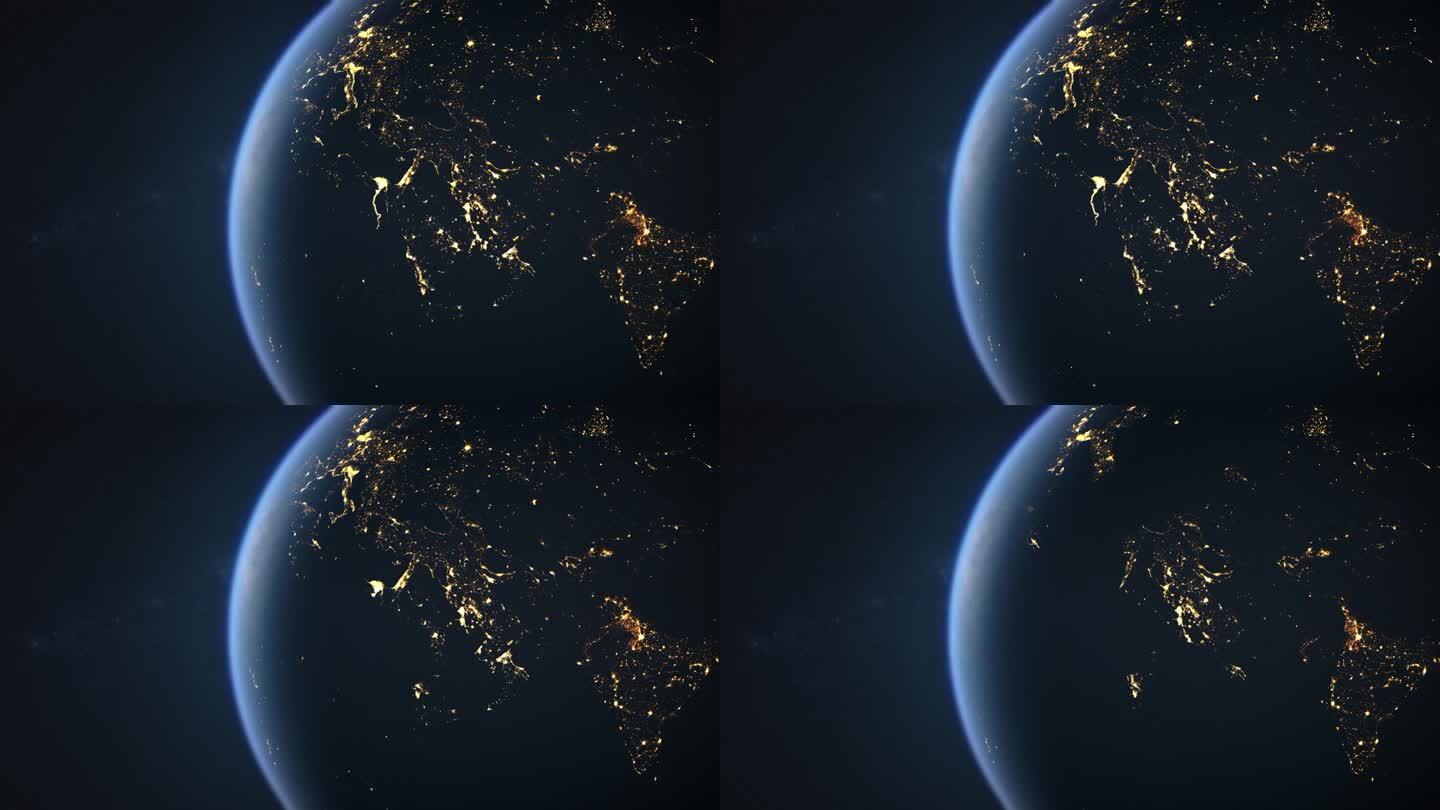 从太空看到的地球上的全球停电。城市的灯光正在变暗。整个大陆一片漆黑，电力中断。能源危机，经济衰退的概