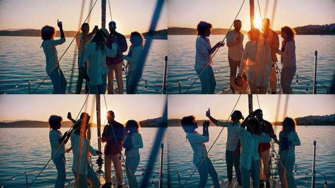 一群朋友在船上聚会上跳舞，用手机拍照