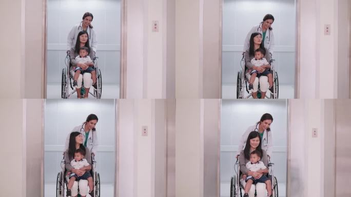 女儿科医生在检查后用轮椅移动病人。