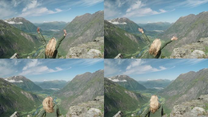徒步旅行者女孩举起手臂庆祝风景，享受假期旅行冒险自然挪威Romsdalen山谷