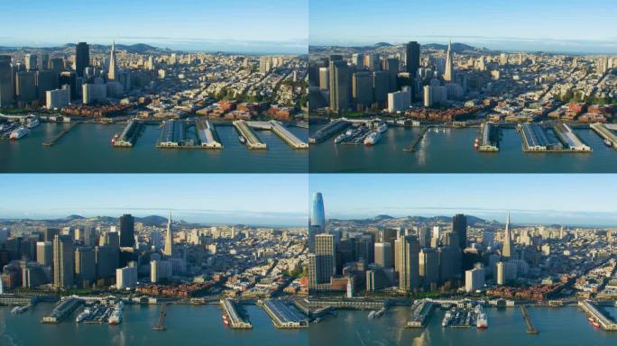 旧金山渡轮大楼及其钟楼的鸟瞰图。著名的码头。金融区和科伊特大厦。用红色武器8K射击。加州，美国。