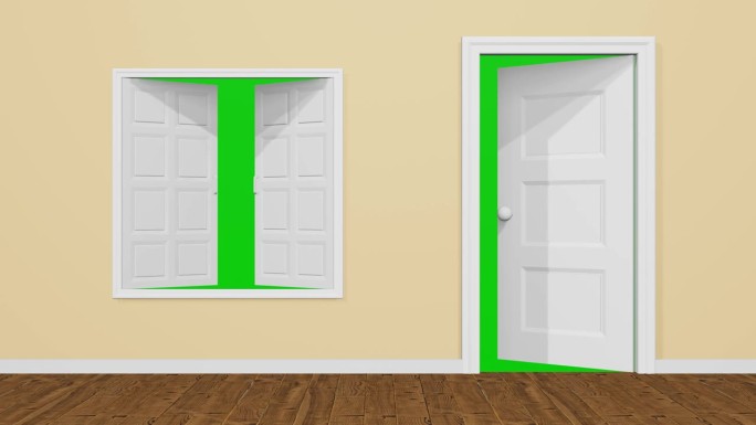 房间门窗向内打开，门窗后面有绿屏，房间门窗打开带绿屏入口，4K门窗打开绿屏3d动画