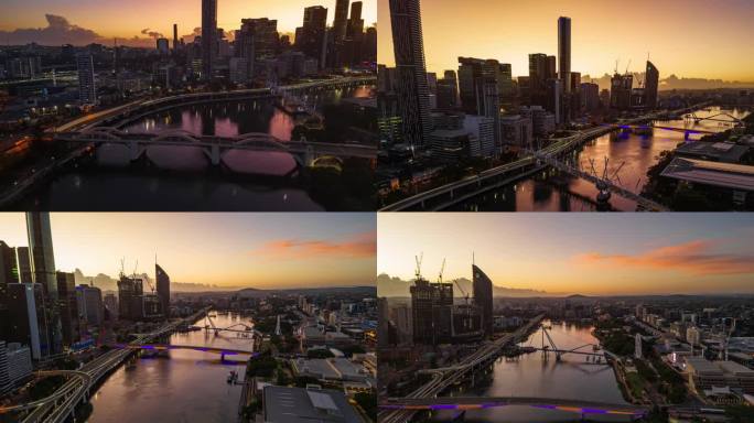 澳大利亚布里斯班现代办公大楼旁的Kurilpa桥、维多利亚桥和库克船长桥上布里斯班河上空的昼夜超延时