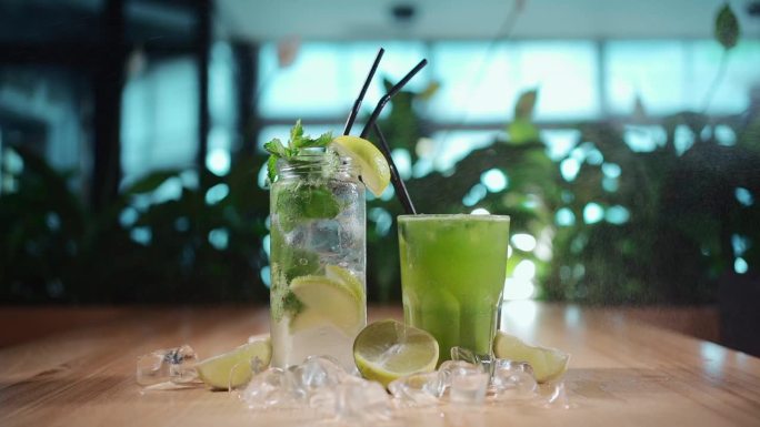 在杯子里喷上莫吉托、薄荷和酸橙，在咖啡馆里喷上绿色的tarkhun饮料