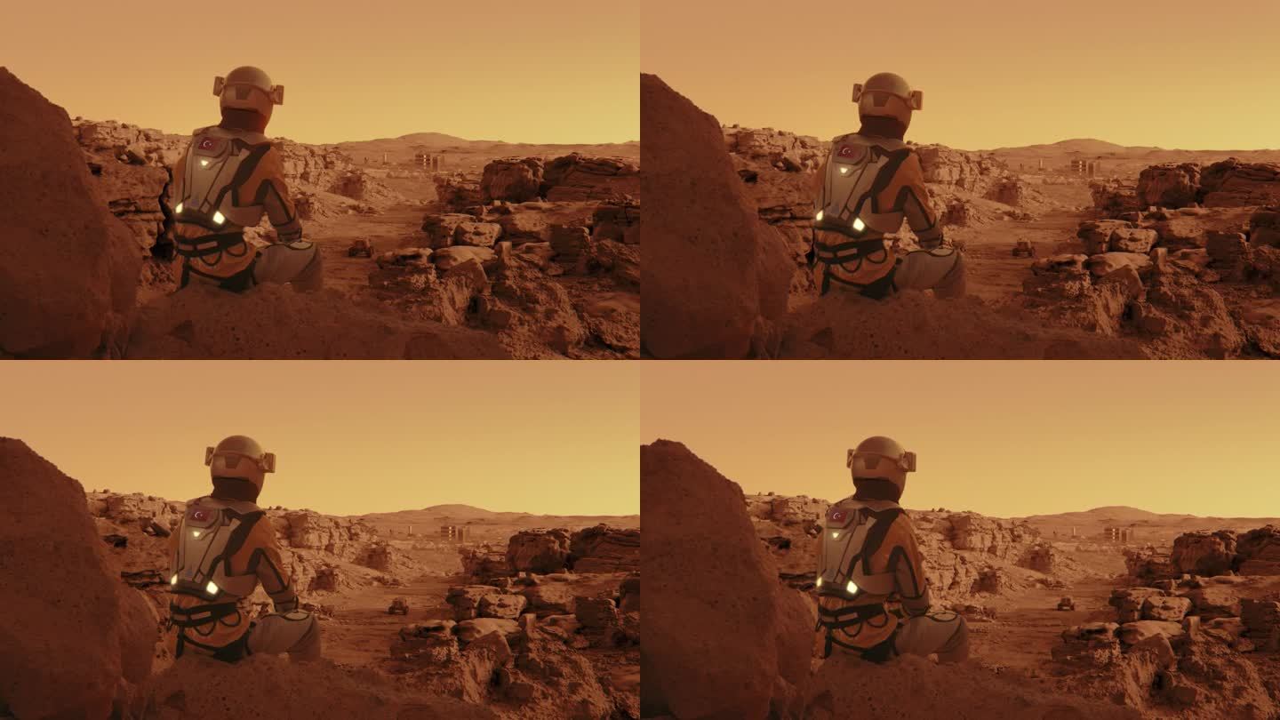 戴着土耳其国旗的宇航员。独自坐在火星表面