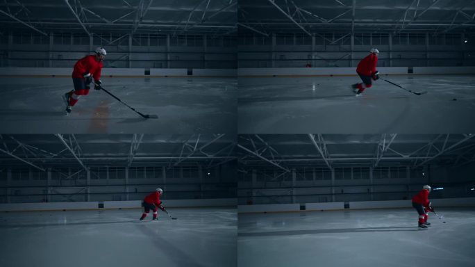 一个冰球运动员在冰上训练的动态视频，展示了专业的技术，并轻松得分