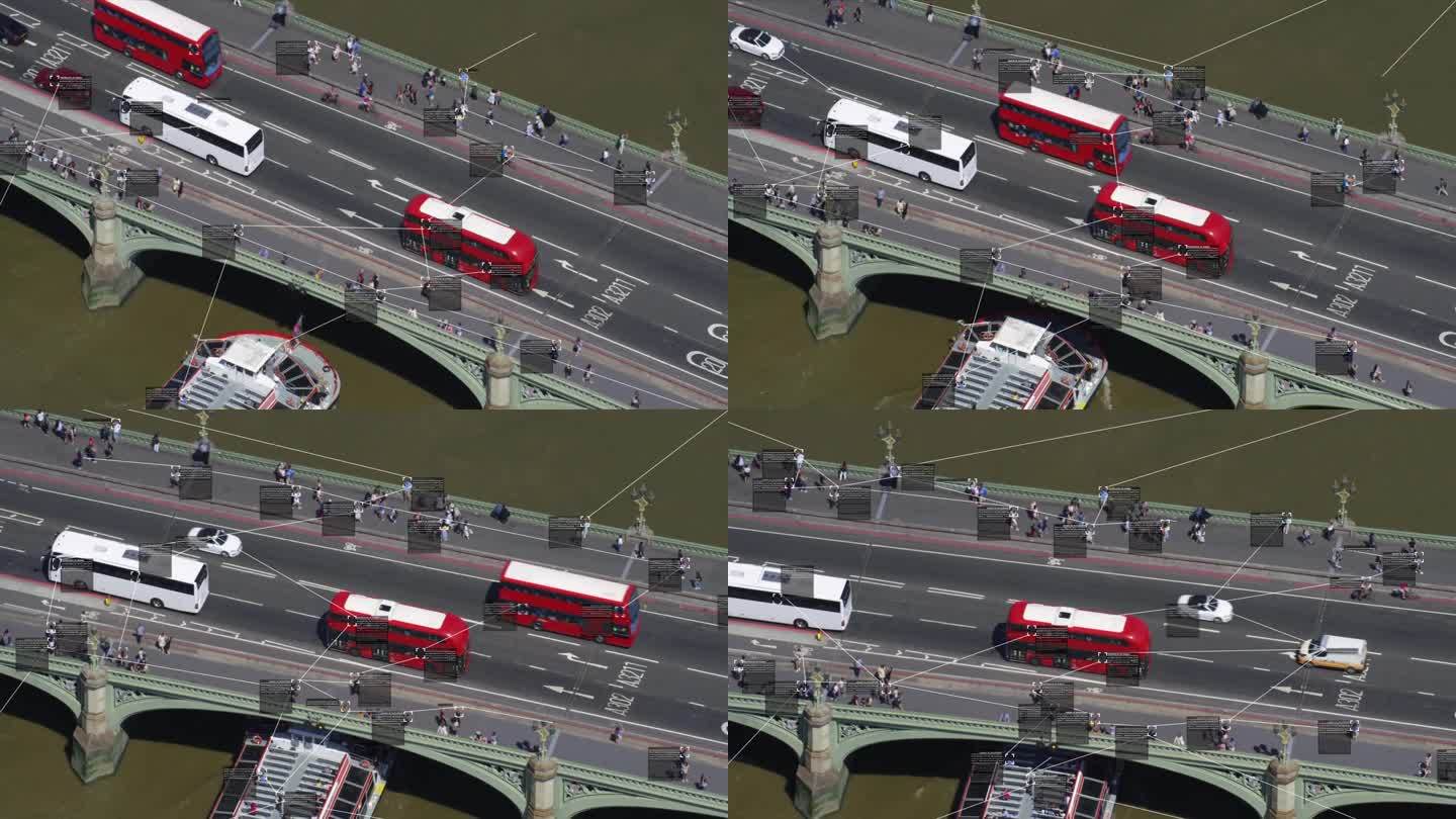 威斯敏斯特大桥上的通勤者和交通鸟瞰图。包含信息的文本框。面部识别界面。监测的概念。人工智能。深度学习