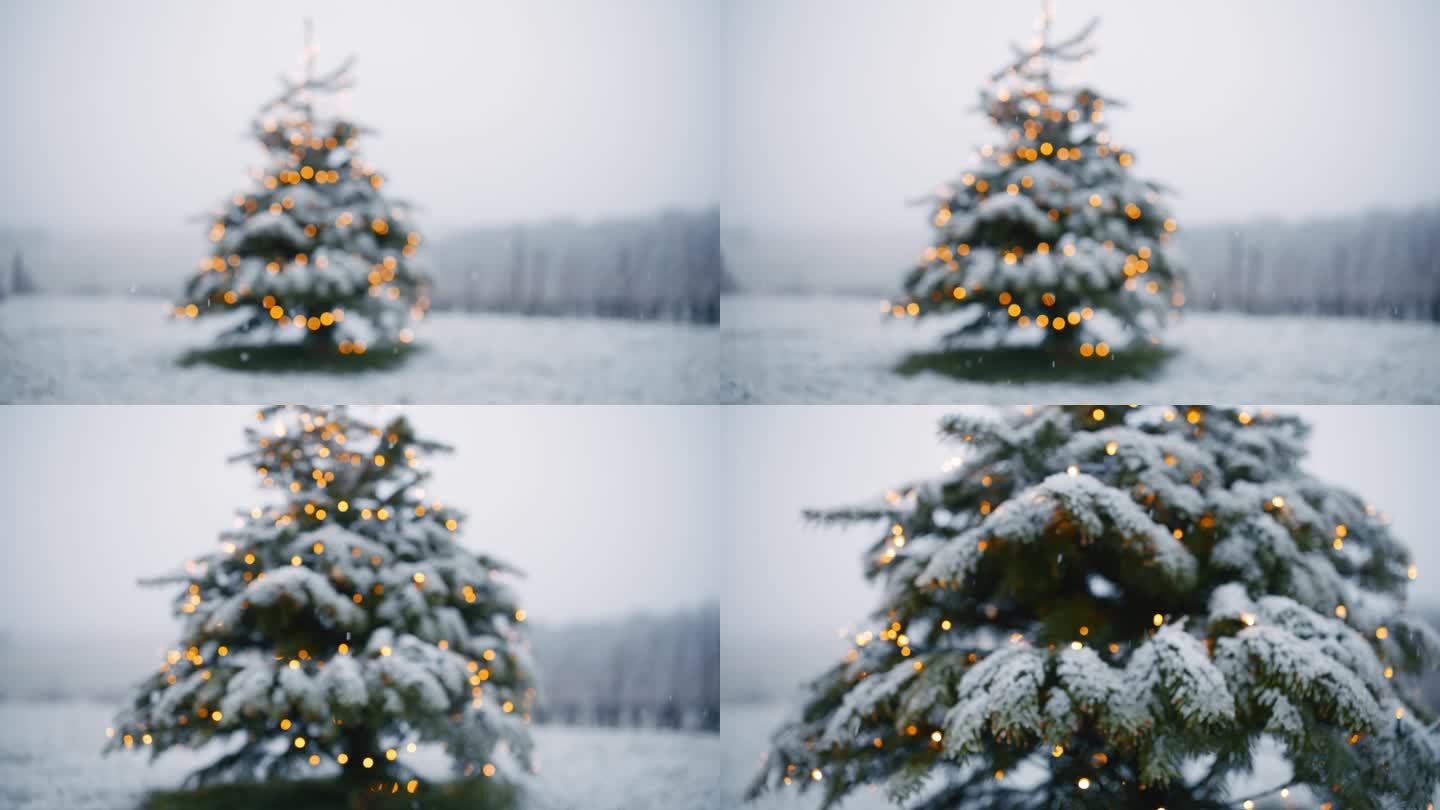 雪花落在装饰好的圣诞树上