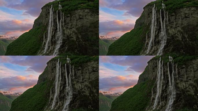 七姐妹瀑布在雄伟美丽的日落，挪威盖朗格峡湾