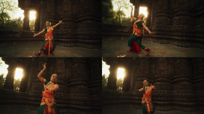 穿着传统服装的印度妇女看着镜头，穿着五颜六色的纱丽跳舞的动态镜头。富有表现力的年轻女性在庙里表演民间