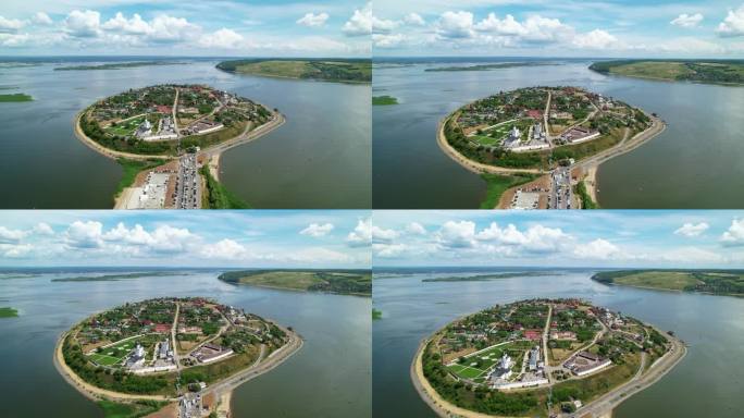鞑靼斯坦共和国斯维亚日斯克岛城市的航拍照片。斯维亚加河与伏尔加河汇合处的一个岛屿。无人机的观点
