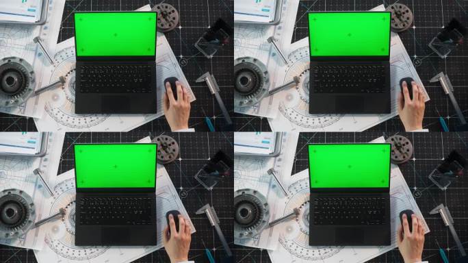 匿名工业专家使用笔记本电脑模拟绿屏Chromakey显示与占位符。一个人坐在桌子后面，用无线鼠标上网
