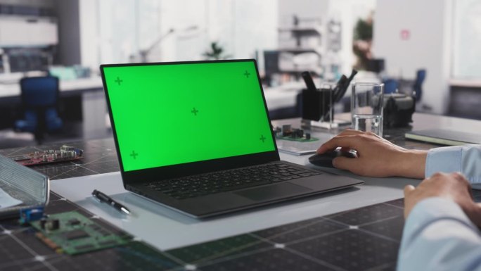在肩膀上的镜头与工业工程师使用笔记本电脑模拟绿屏铬显示器。专家坐在桌子后面，浏览蓝图和项目计划