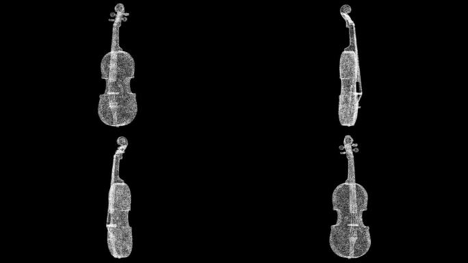 3D小提琴旋转黑色背景。由闪闪发光的微粒构成的物体。乐器概念。用于标题，文本，演示。3d动画60 F