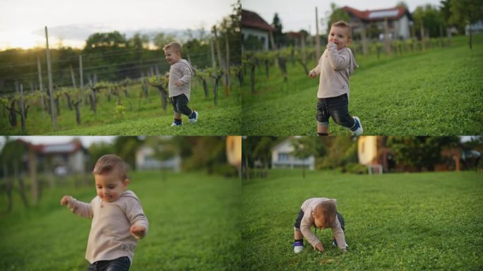 调皮的小男孩走在草地的斜坡上
