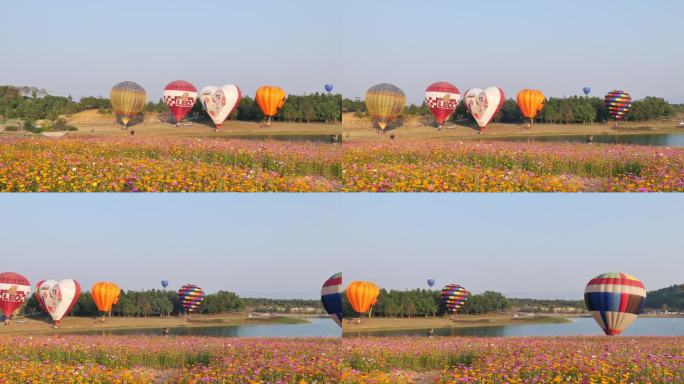 在星哈公园一年一度的节日上，五颜六色的各种热气球在宇宙场地上飞行