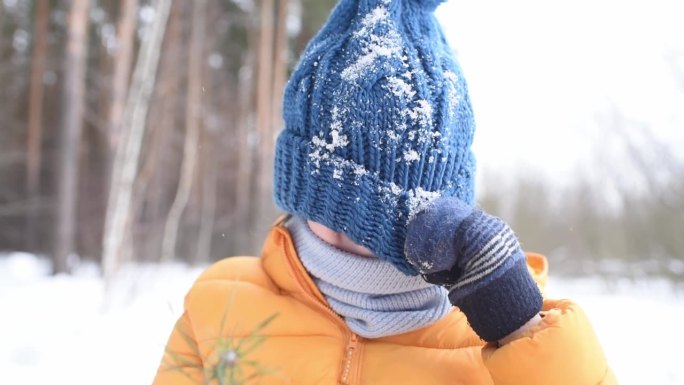 微笑的男孩把脸藏在帽子后面微笑。在冬天的雪林里。