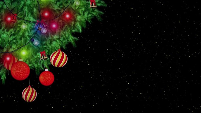 4K 3D圣诞喜庆雪花框架闪烁着彩灯闪烁，圣诞树冷杉树枝，装饰。