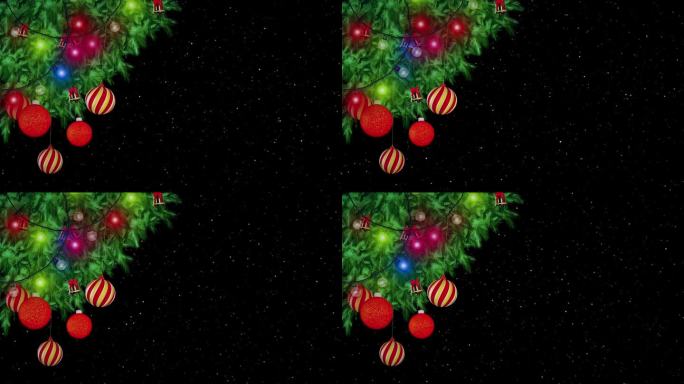 4K 3D圣诞喜庆雪花框架闪烁着彩灯闪烁，圣诞树冷杉树枝，装饰。