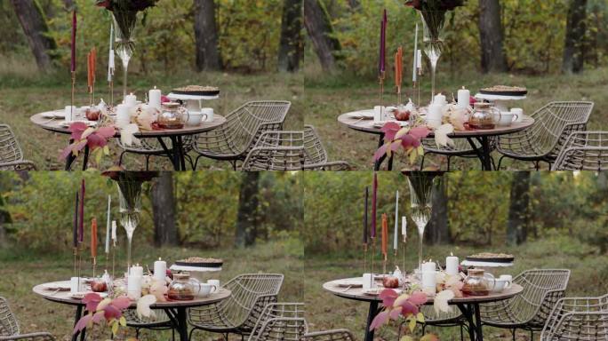 在公园惬意的秋天野餐。近距离的餐桌设置，白色的盘子，餐具，玻璃花瓶，五颜六色的野花，自制的苹果派，枫