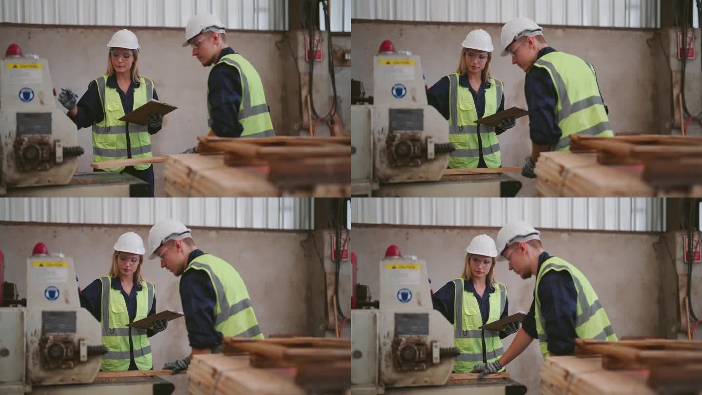 两位工程师在工厂检查木材。