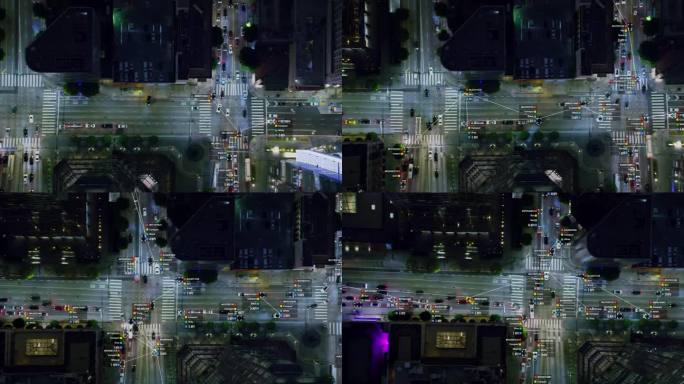 拥挤大街的鸟瞰图。人工智能界面显示ID，速度，颜色和类型的车。监测的概念。深度学习。计算机视觉。用红