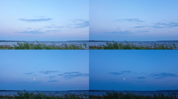 月亮时间与云彩在黄昏黄昏的海岸与芦苇在前景。自然间隔拍摄