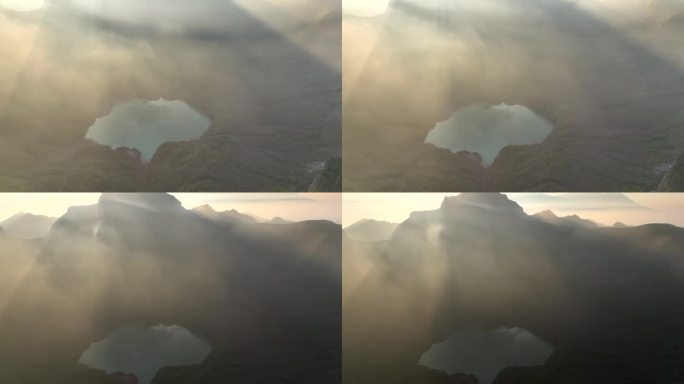 空中无人机拍摄的克鲁德火山日出场景和蓝色火山口，克鲁德火山，Kediri，东爪哇，印度尼西亚