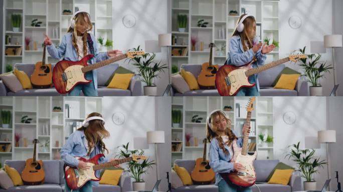 活泼有趣的长发女孩在家里的客厅里弹着电吉他，唱歌跳舞。迷人的摇滚女孩，11-12岁，用电吉他演奏摇滚