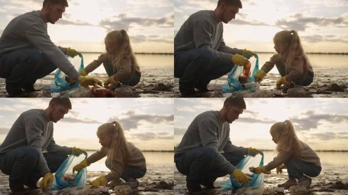 小女孩帮助爸爸清理湖岸的塑料垃圾，生态概念
