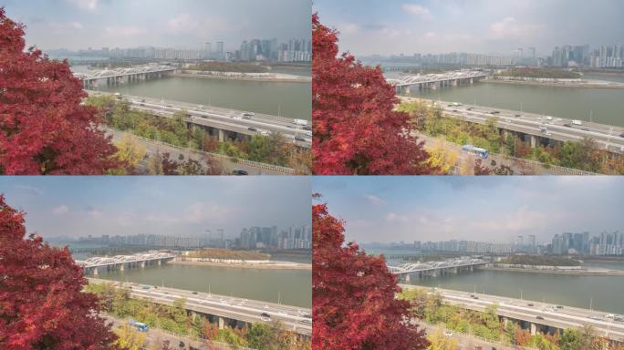 韩国首尔4K延时拍摄，汉江大桥、Nodeulseom岛的城市天际线延时拍摄，秋天从龙凤亭公园观看汉江