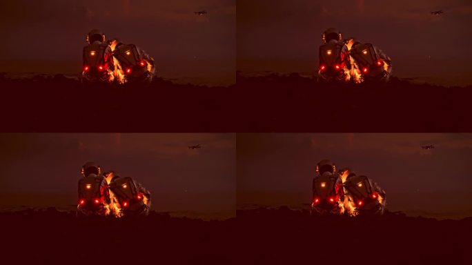 两名宇航员在红色星球火星上休息。人类和太空探索的未来