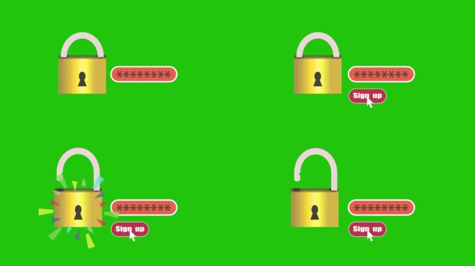 一个锁打开，给出密码，点击注册'按钮动画绿色背景。a_128