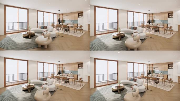 现代简约风格的客厅室内设计和装饰，白色曲线形沙发，灰色地毯上的圆形茶几，木质餐桌和阳台景观椅子。