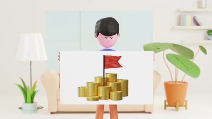 3d动画卡通商人拿着白板，钱堆上有红旗，生意成功。