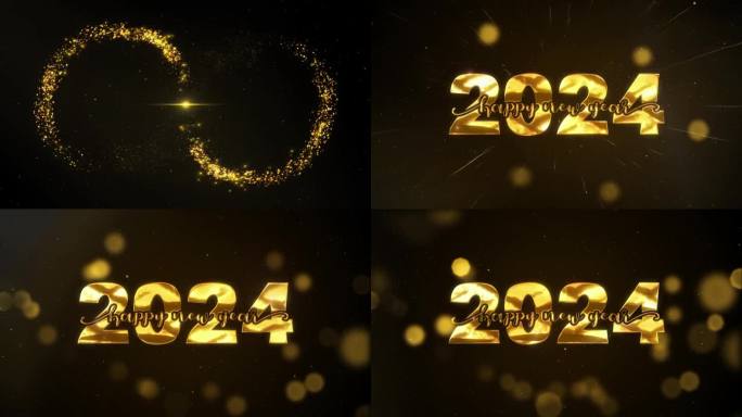 2024年除夕烟花和闪闪发光的黄金颗粒背景。