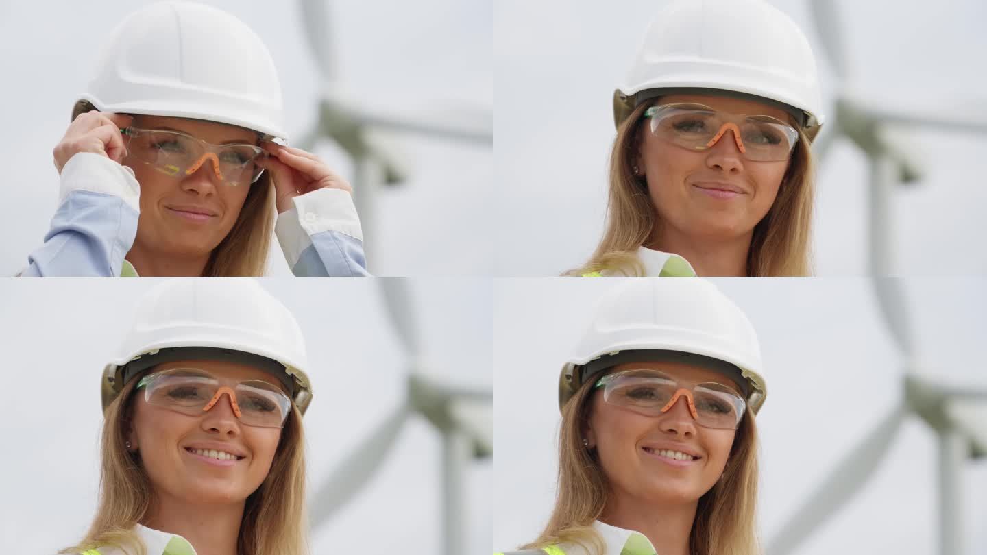 女设计师戴上眼镜，看着镜头，拉直了头盔。安置风力涡轮机的计划，有助于确保绿色能源稳定流入电网。