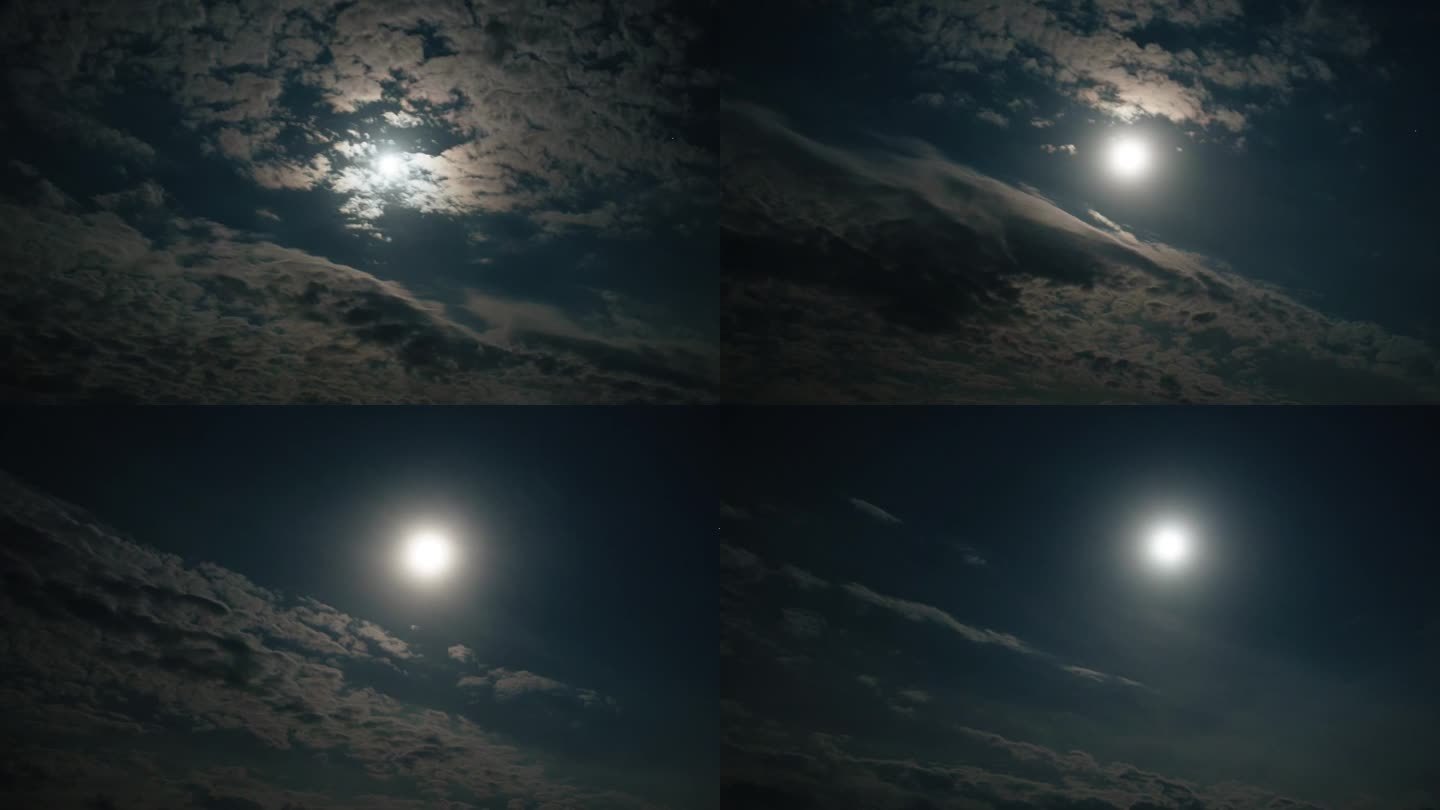 月亮移动的时间流逝与多云的景观和月光。运动云和全球变暖概念。雷暴天气下的自然环境。夜晚的天空