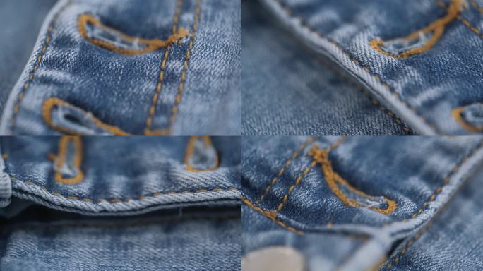蓝色牛仔牛仔裤上的纽扣孔。旋转。牛仔纹理，抽象背景。服装的概念。