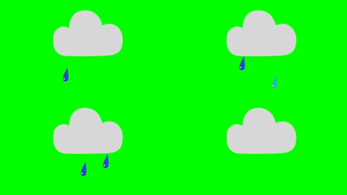 卡通简单的云图标与下雨和滴落的雨滴在绿色屏幕插入，色度键，绿色屏幕，动态图形，天气图标。库存视频3D